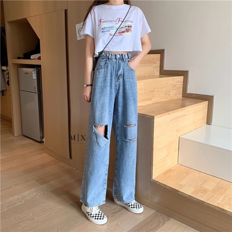 RIPPED JEANS IMPORT HIGHWAIST CELANA PANTS DENIM HW WANITA CEWEK BAGGY UNFINISH MX863