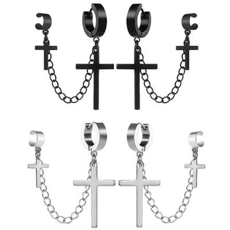 Korean Version Stainless Steel Metal Chain Double Cross Drop Earrings/ Punk Gothic Style Round Piercing Ear Stud