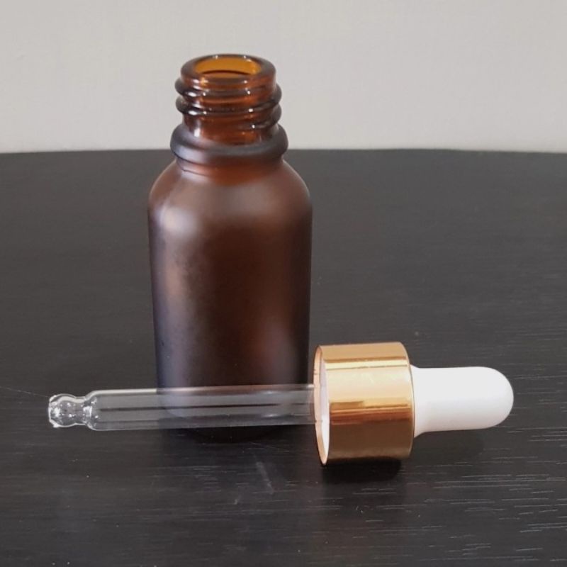 botol kaca pipet 15ml amber coklat doff / frosted - ring almunium gold