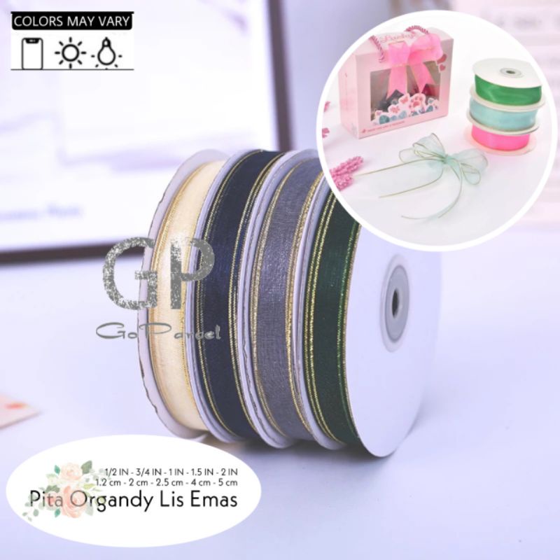 ( 3 Meter ) PITA KADO ORGANDI LIS EMAS 12MM - CHIFFON SILK ORGANZA GIFT RIBBON ORGANDY GOLD LIST 0.5 IN 1.2 CM 1/2 INCH