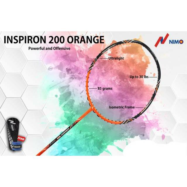 RAKET BADMINTON NIMO INSPIRON 200 ORANGE (DIJAMIN 100% ORIGINAL) MAX TENSION 30 LBS