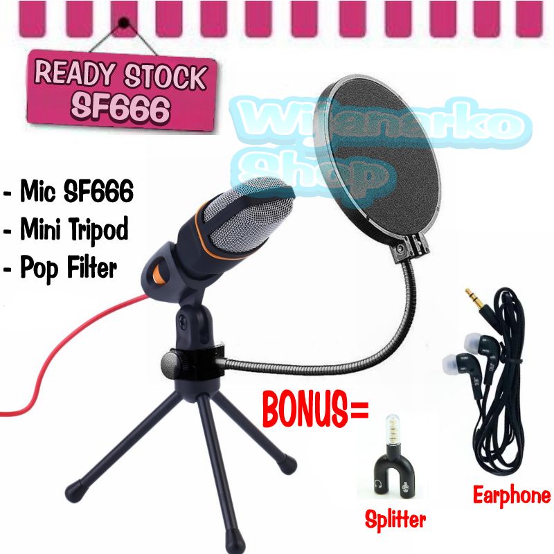 PAKET LIVE STREAMING DAN REKAMAN MIC KONDENSER SF666 [1] + TRIPOD, POP FILTER (FREE SPLITTER+EARPHONE)