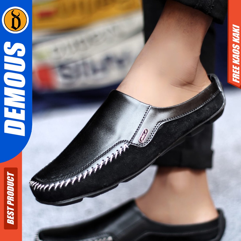 Sepatu Sandal Slop Casual Bustong Pria Kulit Pu Hitam LUCAS DEMOUS