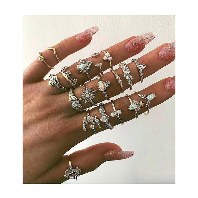 LRC Cincin Set Fashion Gold Color 5 Diamond Hollow Star Drop Shaped Geometric Ring Set P69683