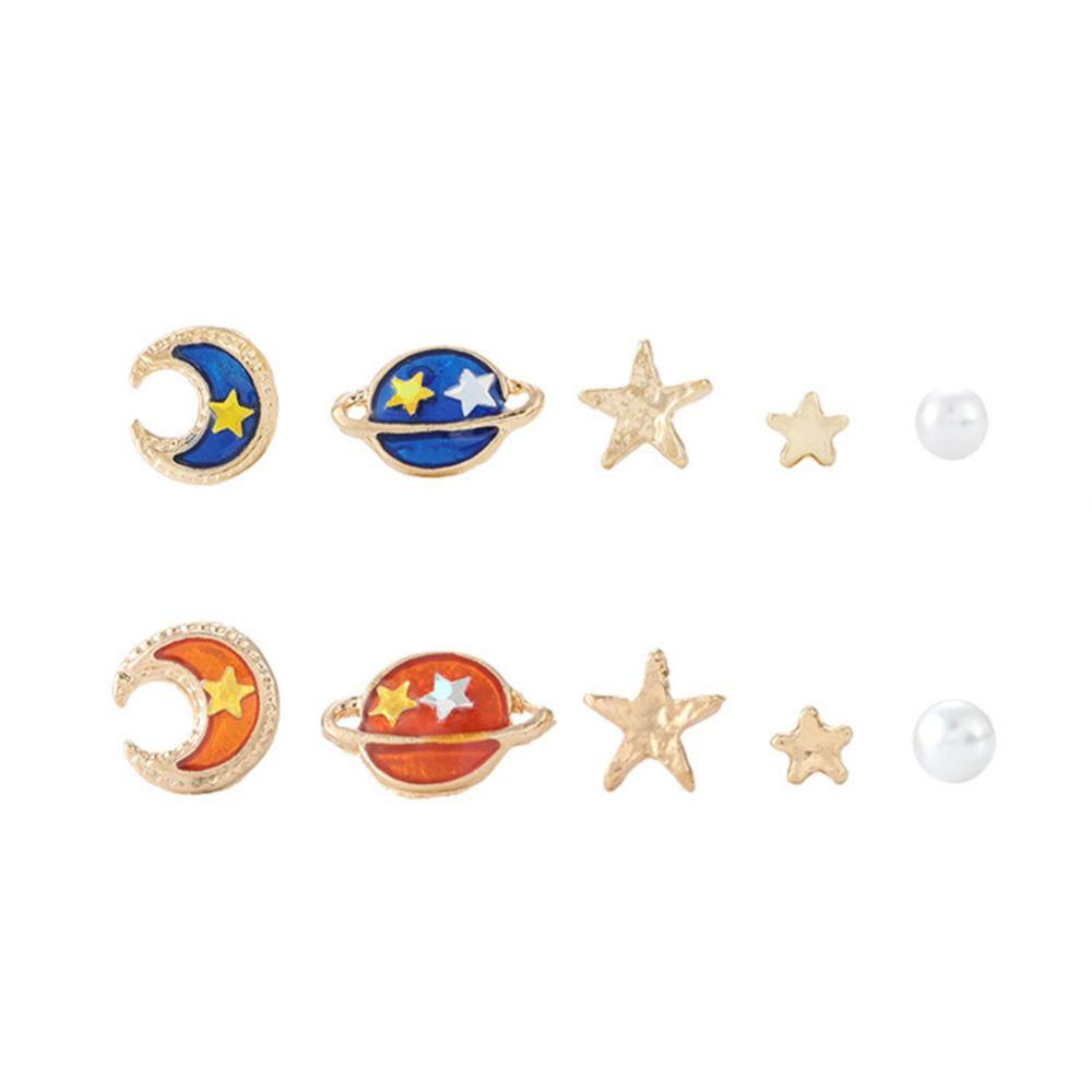 Timekey 5PCS / Set Anting Tusuk Desain Planet / Bintang / Bulan / Mutiara Simple Lucu Untuk Wanita A6K3