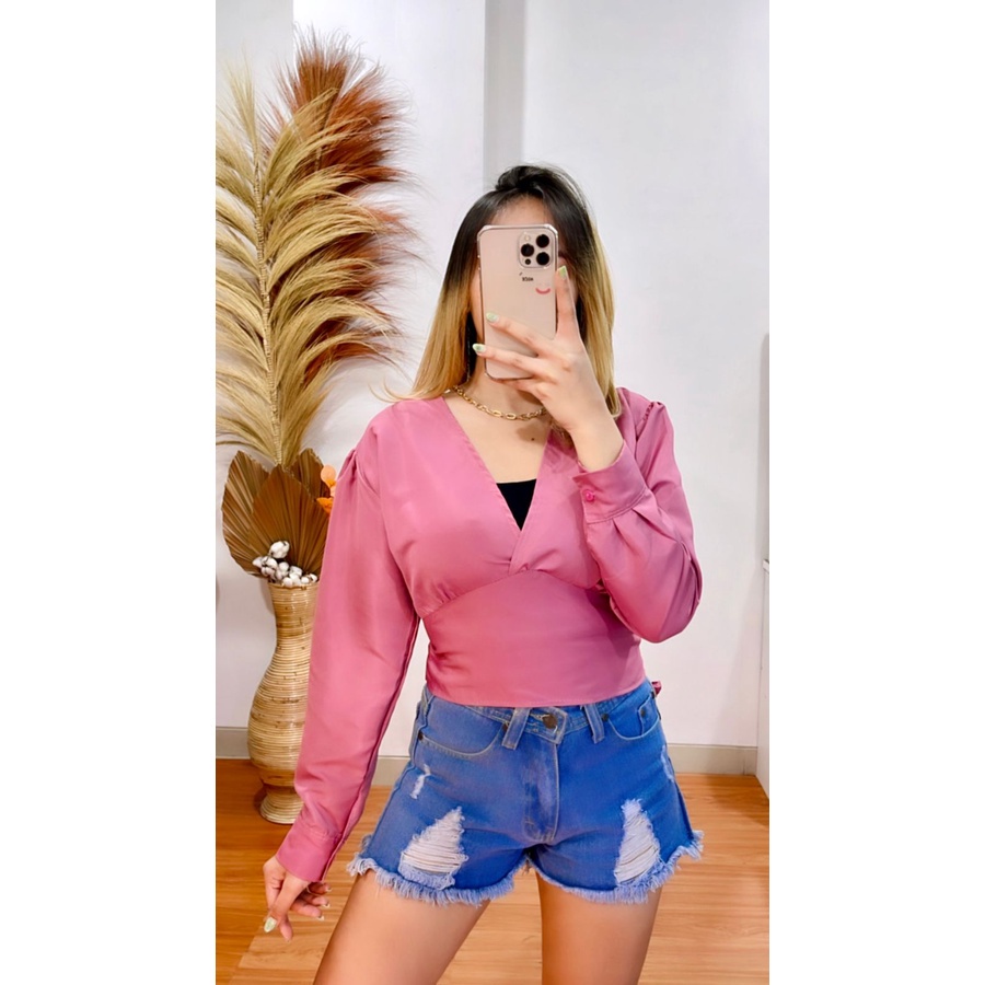 BEFAST - ZRX OOTD Wanita Blouse UMJIA / Korean Long Sleeve Crop Top Blouse Atasan Lengan Panjang / Blouse Leher V / VBlouse Kekinian Remaja Wanita / Blouse Polos Casual / Blouse Trendy / Keluaran Terbaru 2022 / Termurah