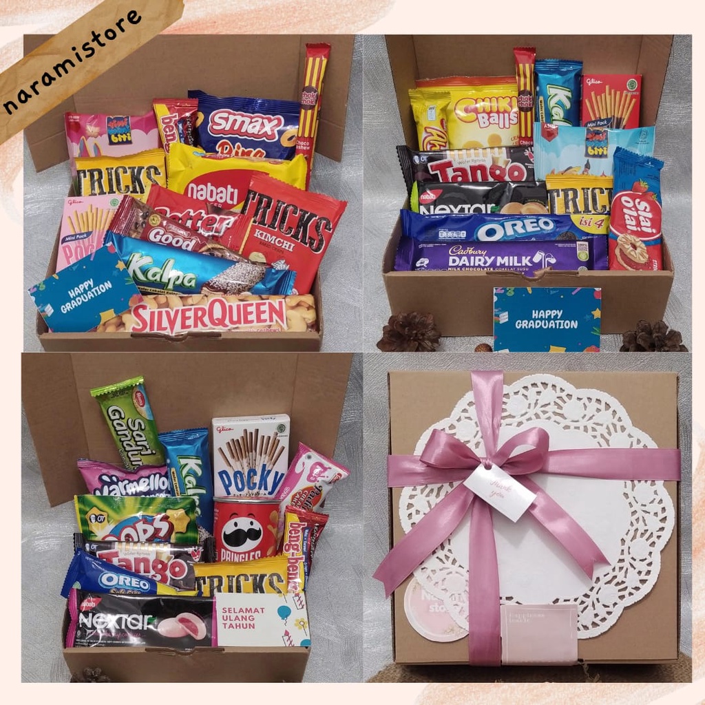 

Snackbox / Snack box / Hampers Snack/ Giftbox snack / Kado Wisuda / Kado Annivesary/ Kado Ulang Tahun