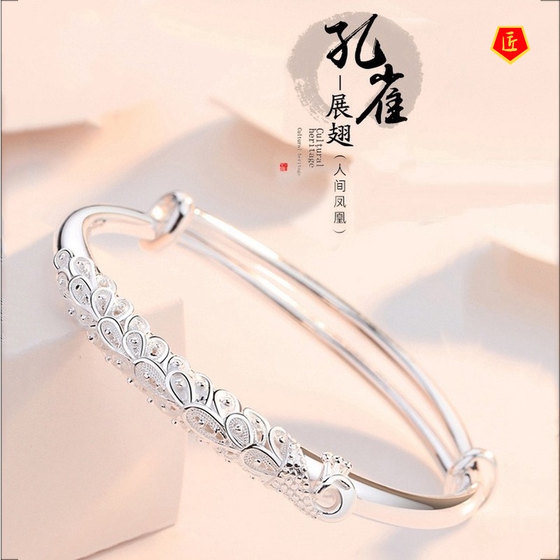 [Ready Stock]Retro Fashion 999 Silver Carved Peacock Bracelet