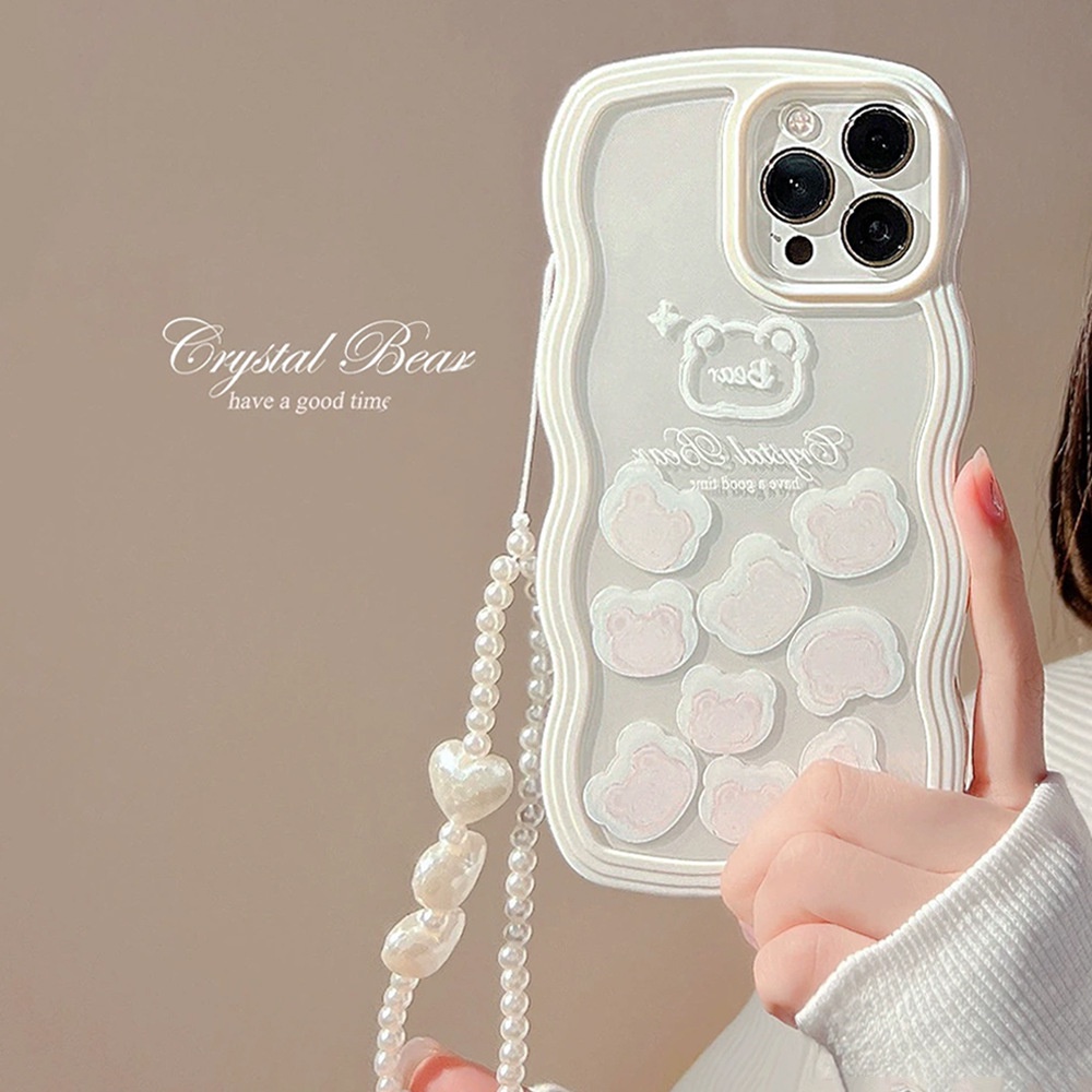 Kartun Lucu Beruang Putih Transparan Twist Berbentuk Gelombang Ponsel Case Cover Dengan Rantai Manik-Manik Mutiara Untuk X XR XS 11 12 13 14 PLUS PRO MAX