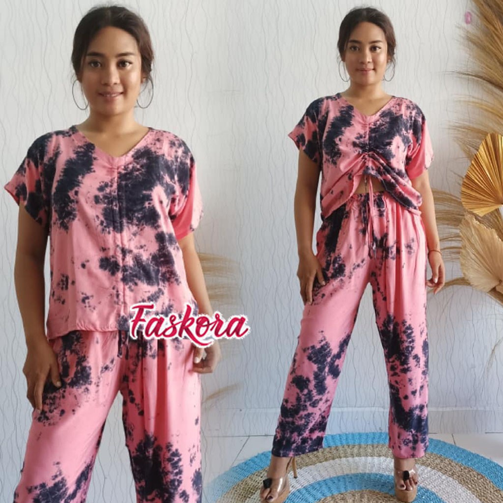 Setelan Rayon Jumbo ld 110 Sexy / Setelan Tie dye Bali Jumbo / One Set Tie dye Lengan Pendek Karet