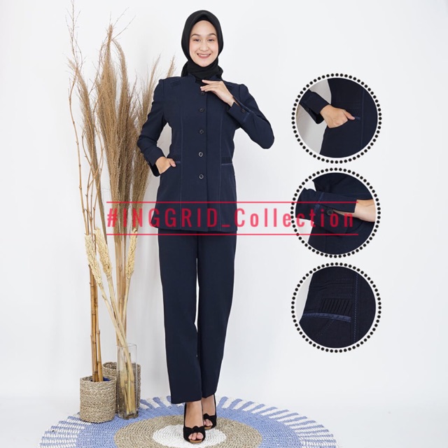 Seragam Guru PDH baju Dinas Muslim Biru Dongker Celana dan Ready Rok panjang span Busana Muslim