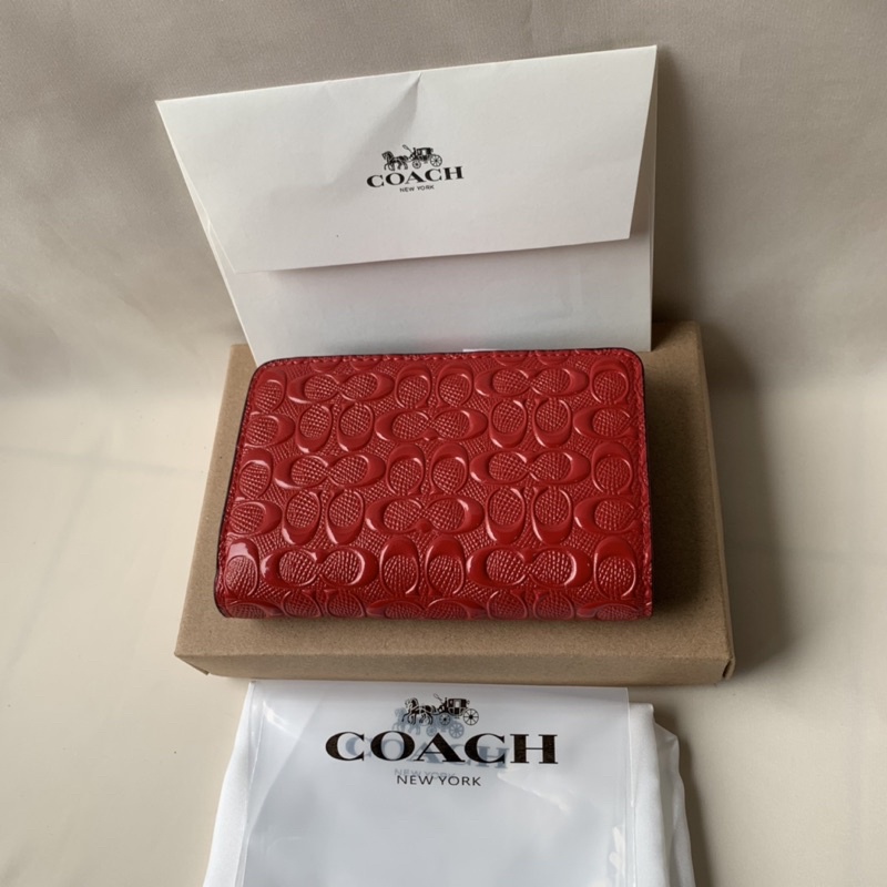 Coach Medium Corner Zip Wallet In Signature Debossed Patent Leather (Maroon) F25937