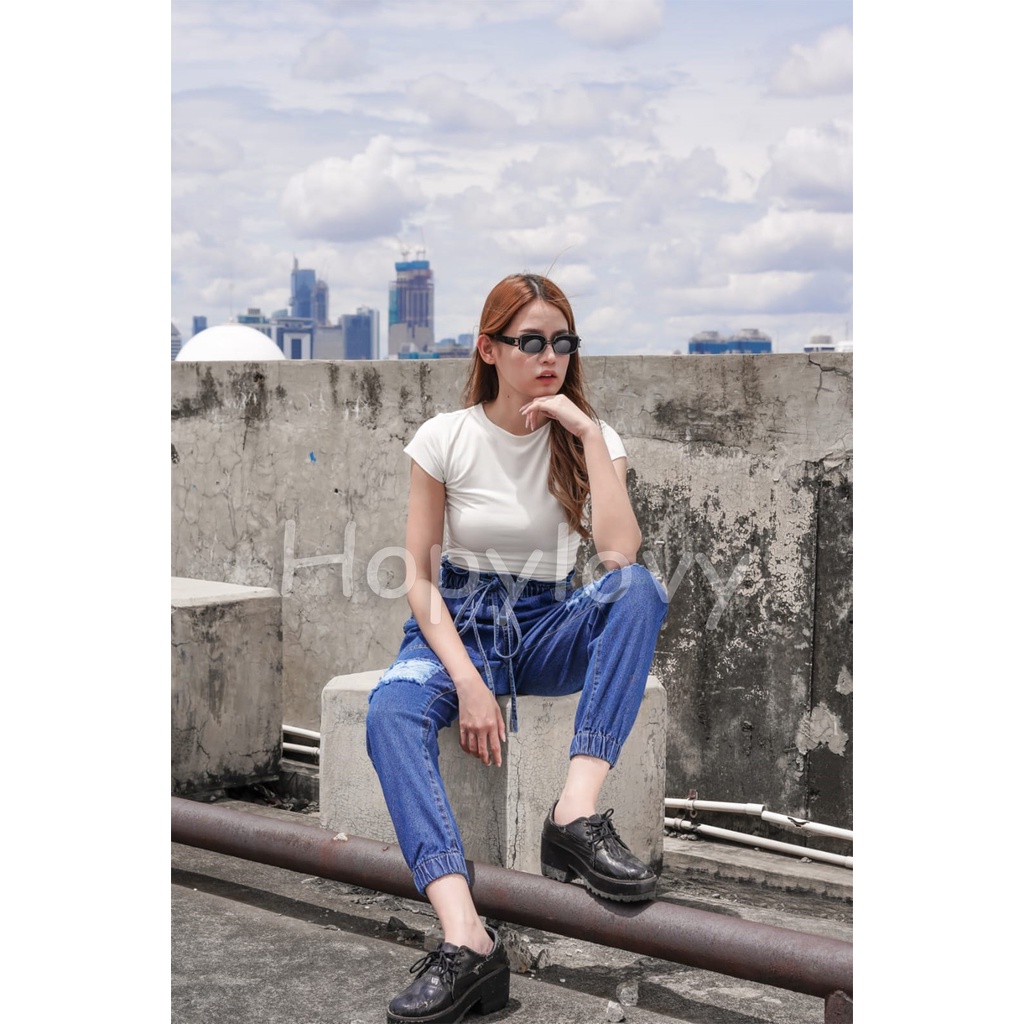 HOPYLOVY Celana Panjang Jogger Jeans Wanita HW Jeans Ripped Milena