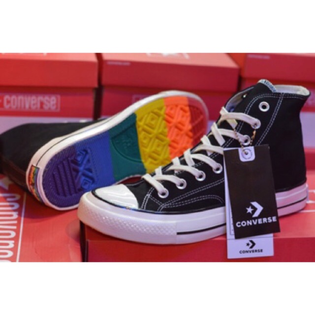 SEPATU CONVERSE 70S X OFF HIGH BLACK & WHITE OUTSOLE SNEAKERS WANITA / PRIA CONVERSE RAINBOW