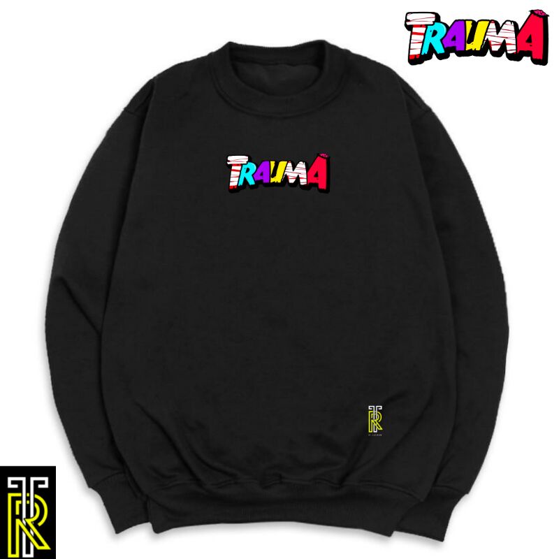 Crewneck Sablon TRAUMA Sweater Crewneck Unisex COD Switer Hoodie Polos Jumper Basic Hitam Cardigan