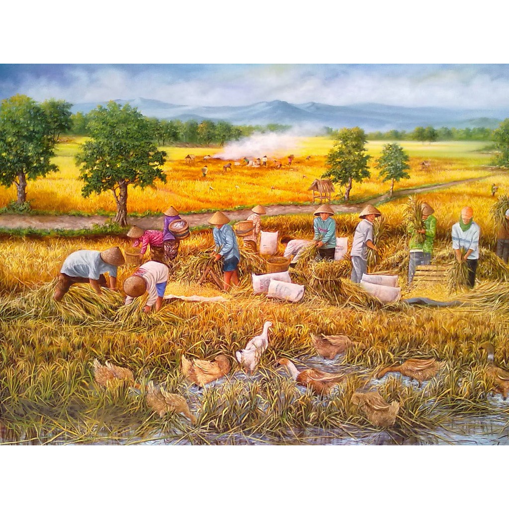 Repro Digital Lukisan Padi Sawah Beras Panen Harvest Ricefield