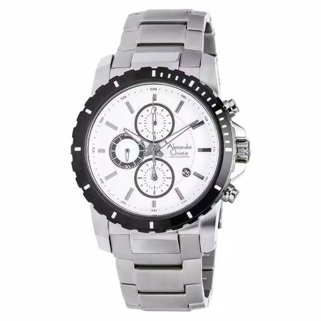 Jam Tangan Alexandre Christie AC 6141 MC Rantai Silver Plat Putih Pria / Cowok Original