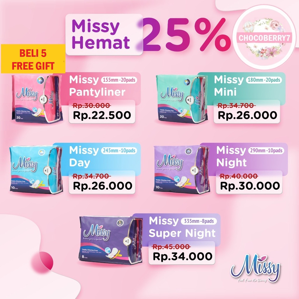 MISSY Pembalut Wanita Pads Missy Pantyliner Mini Day Night Super Night