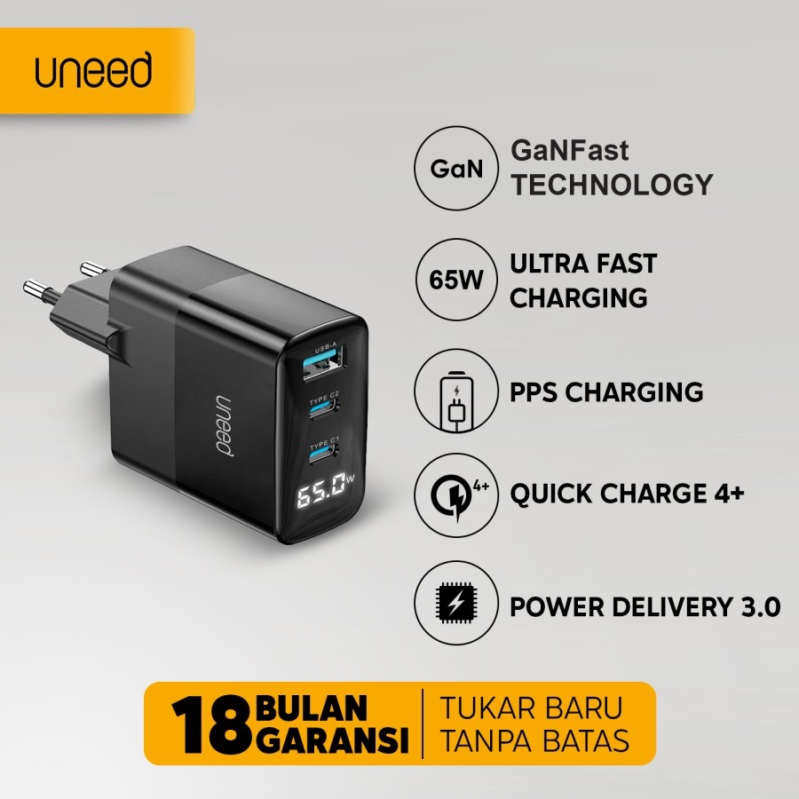 UNEED GaN Charger 65W with Display QC 4.0 3.0 PD 3.0 AFC FCP - UCH423