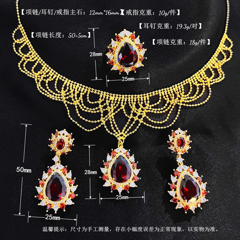 Goldkingdom Perhiasan Fashion 24K Bangkok Aksesoris Ready Stock Lapis Emas Asli Kadar 375 Mewah Mesir Ratu Setelan Set Tinggi Drop Pear Berbentuk Set Rantai Warna Permata Anting Cincin Perempuan