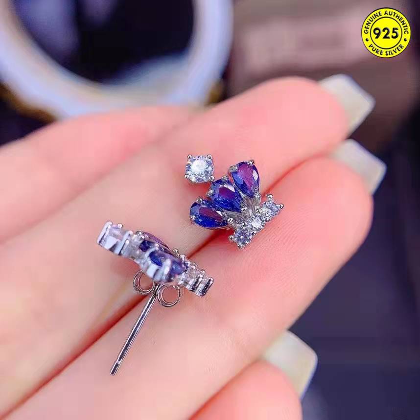 Anting Tusuk Gantung Desain Mahkota Hias Sapphire Biru Gaya Naturalmewah Untuk Wanita