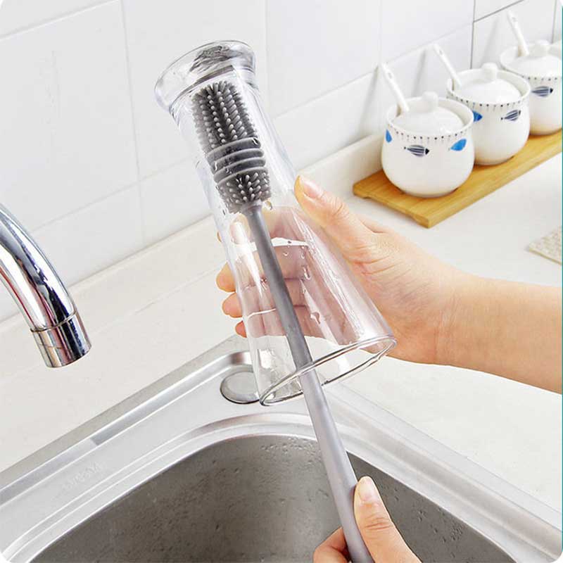 Sikat Pembersih Botol / Gelas / Cangkir / Teko Bahan Silikon Gagang Panjang Untuk Dapur