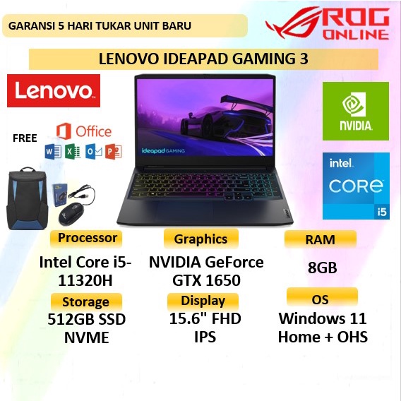 laptop gaming lenovo ideapad gaming 3i 15 intel core i5 gen 11320h ram 8gb 512gb ssd nvidia geforce 