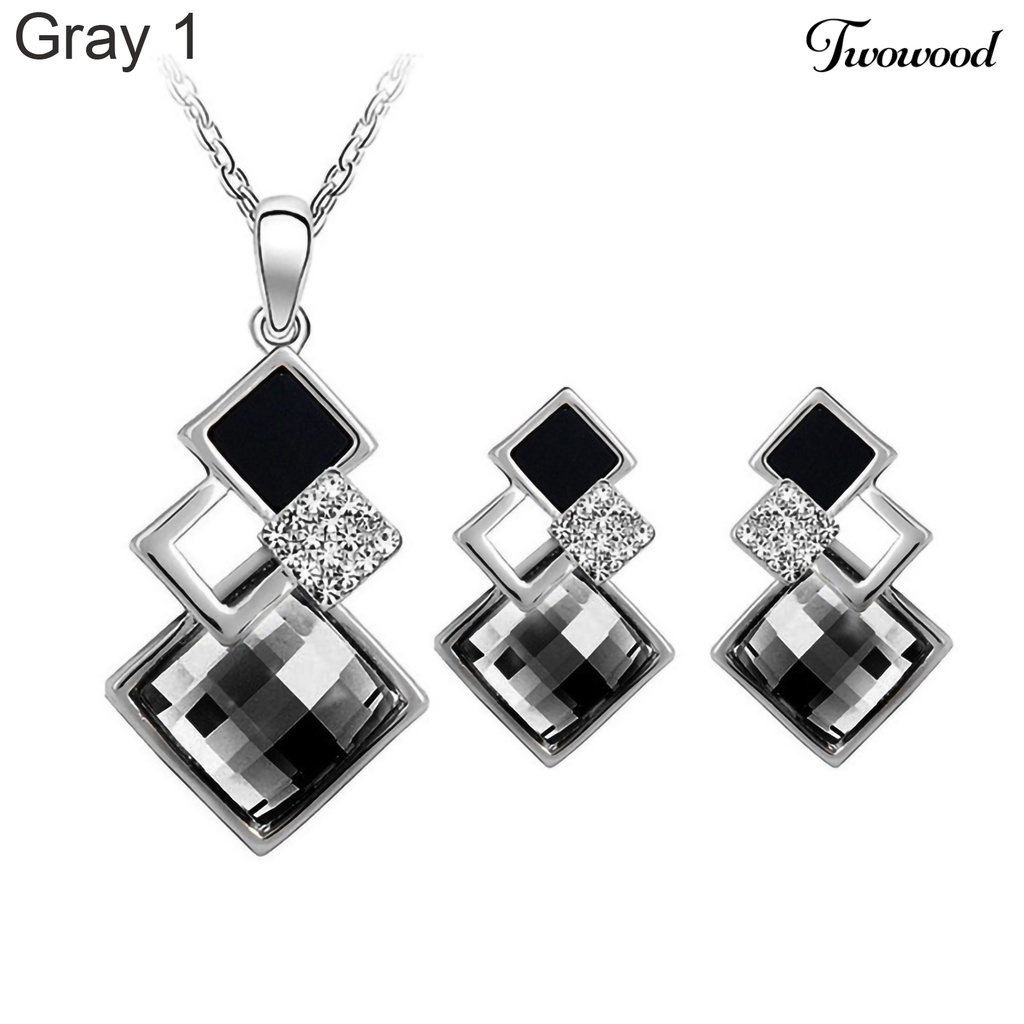 Twowood 2Pcs/Set Geometric Pendant Necklace Earrings Set Faux Crystal Alloy Shiny Bridal Stud Earrings Necklace Set Jewelry Accessory
