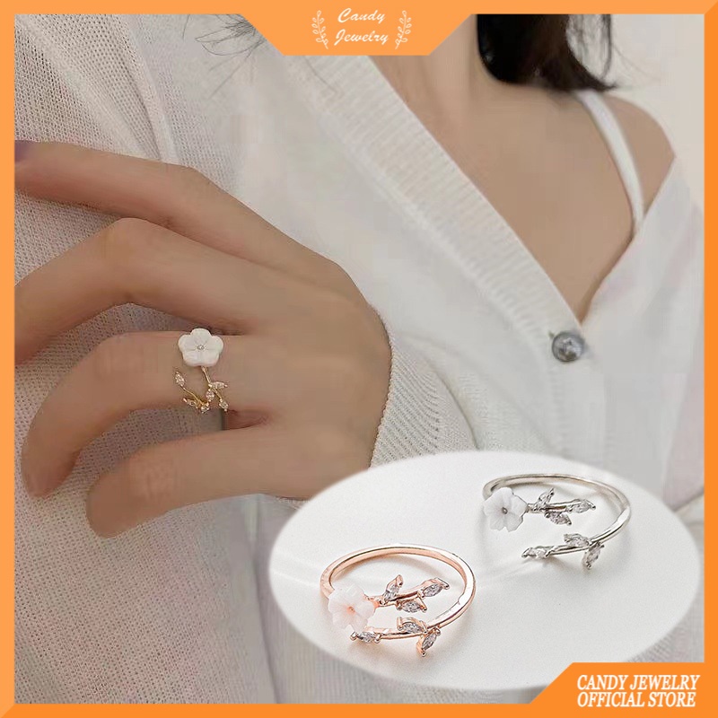 Cincin Model Terbuka Desain Cabang Bunga Warna Permen Gaya Korea Untuk Wanita