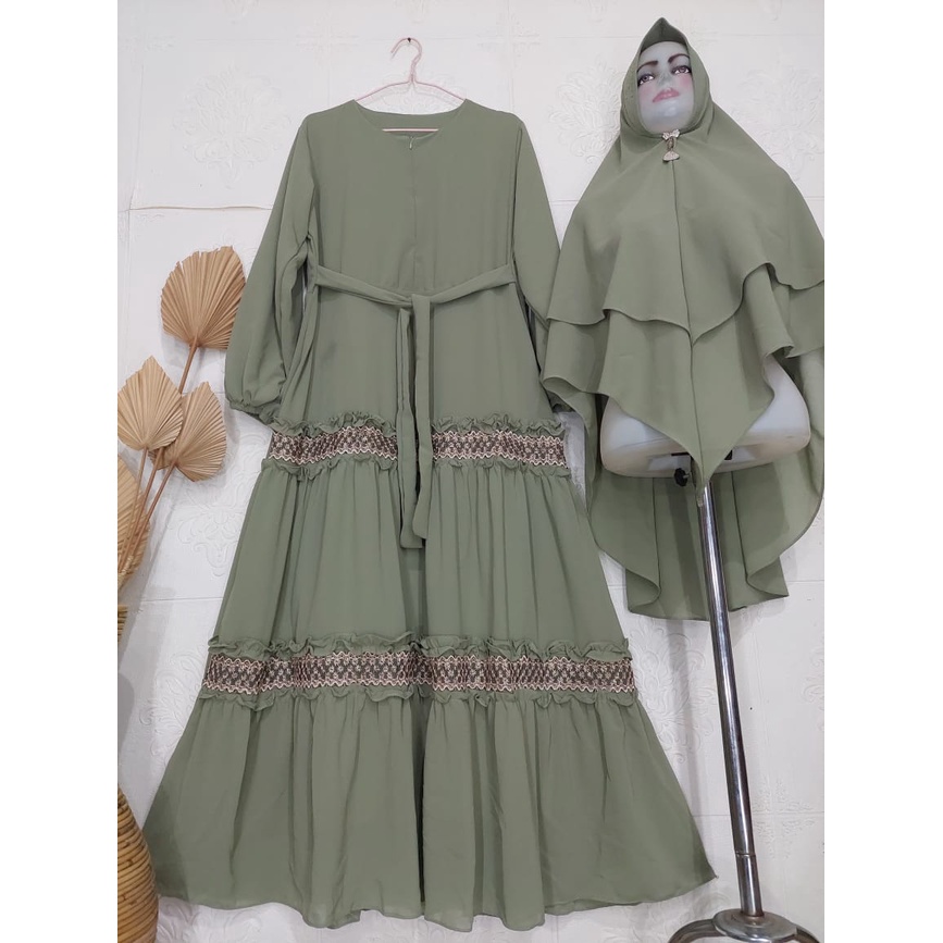 Gamis Ceruty Renda 2undak Terbaru Set Khimar | Gamis Syari Busui Ceruty Babydoll