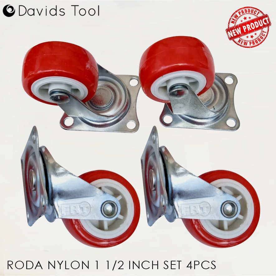 Roda Troli Kecil Koper Ban Pengganti Lemari Meja Karet Nilon 1 1/2 Inch Merah Set