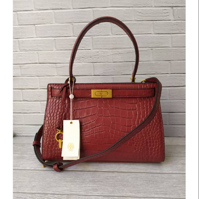 Tas TB Lee Radziwill Small Debossed Satchel Maroon Color
