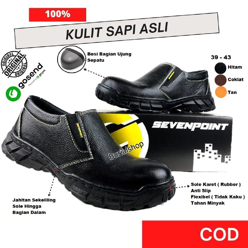 Sepatu Safety Kulit Sapi Asli Slip On Original Septi Pria Ujung Besi Septy Slop Selop Kerja Lapangan Proyek Industri Sefti Shoes BS