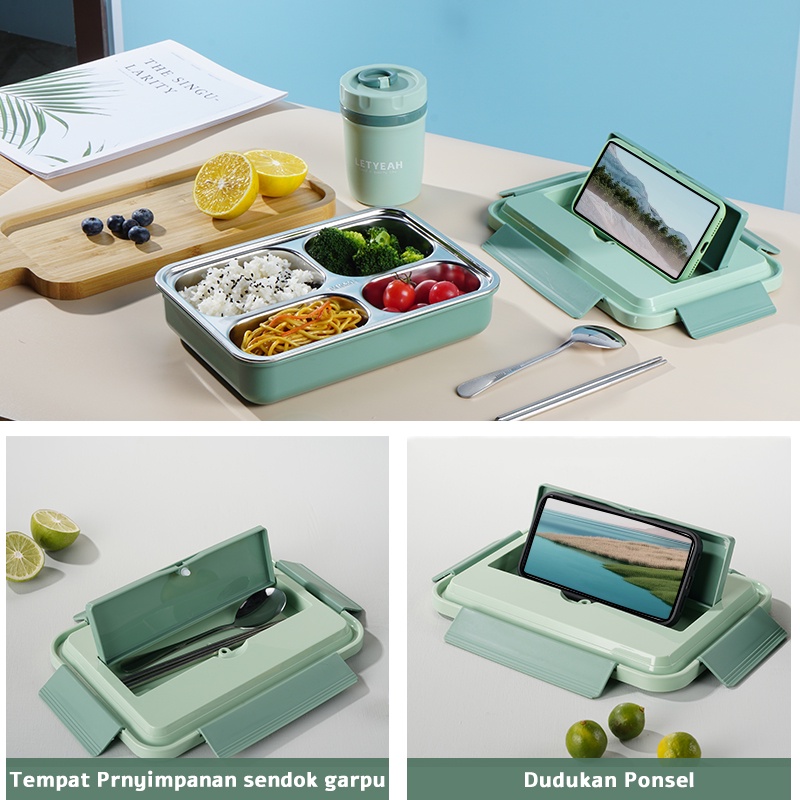 Letyeah &amp; Anantagt 4 Grid lunch box tempat makan Stainless Steel 304  Kotak Makan anti bocor 1000ml