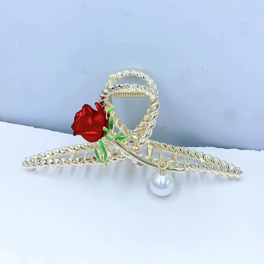 Needway   Perempuan Jepit Rambut Trendi Retro Mutiara Mawar Besar Bagian Belakang Kepala Hair Crab Clip