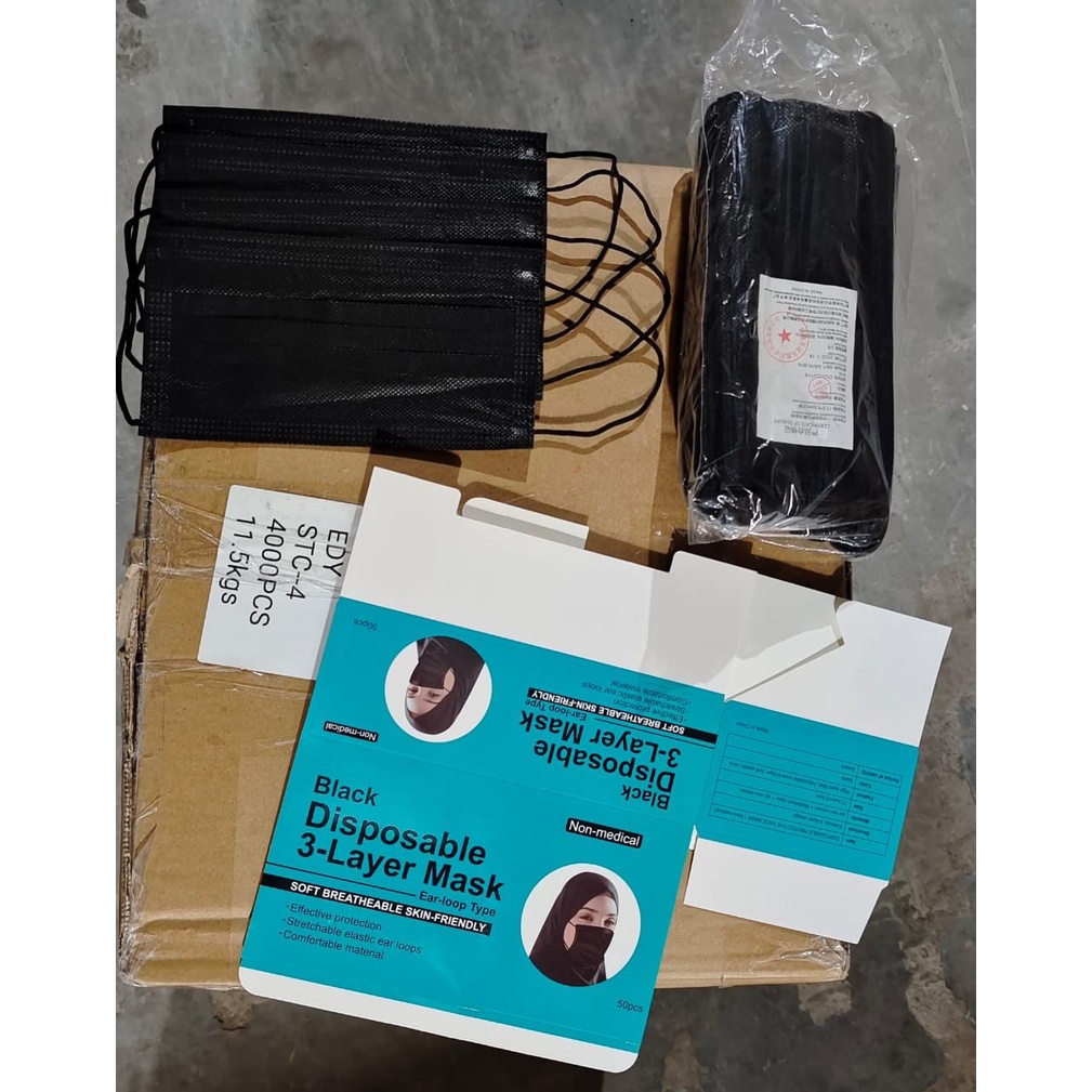 MASKER EARLOOP HITAM IMPORT TERBARU MURAH ISI 50 PCS