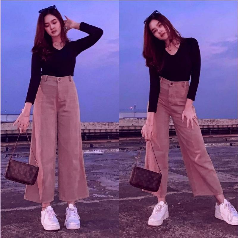 CELANA KULOT JEANS WANITA HIGHWAIST POLOS PUTIH & HITAM