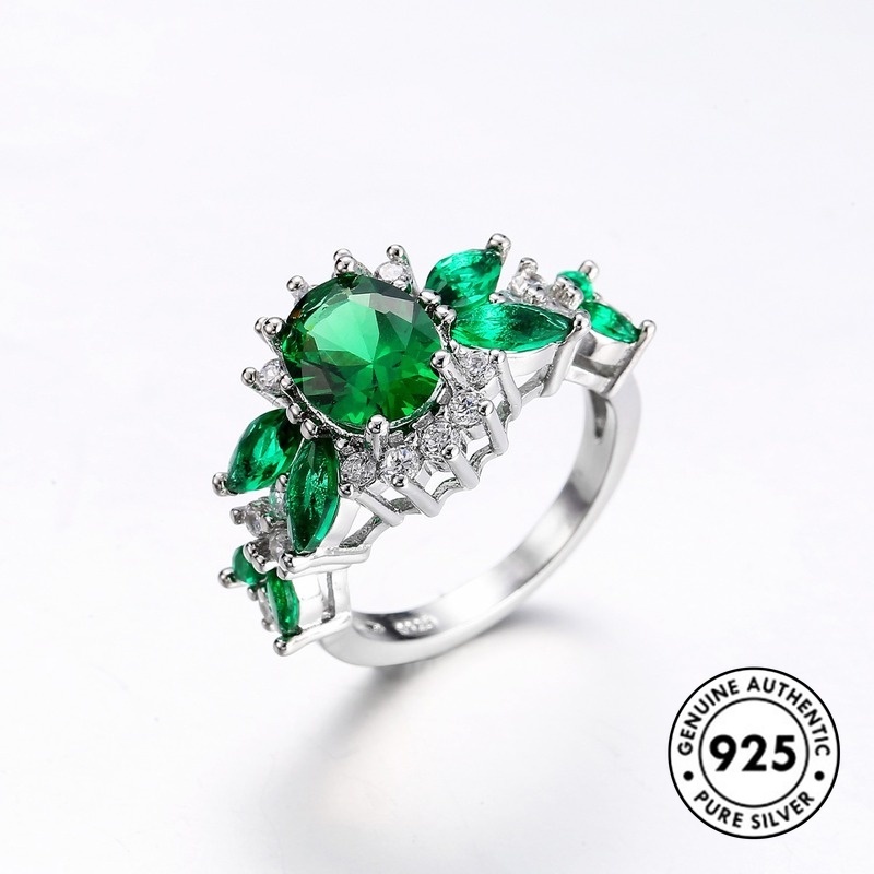 Cincin Berlian Hijau Bahan S925 Silver