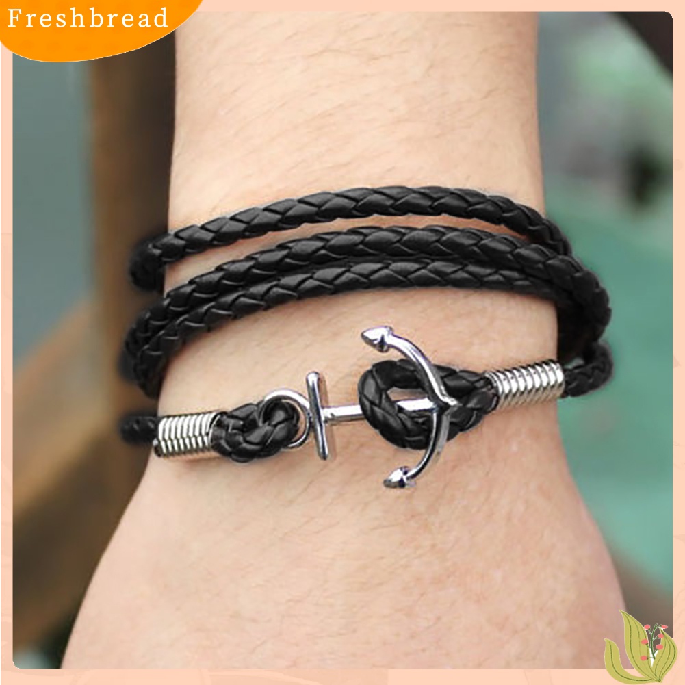 ? Fresh ? Gelang Bangle Kulit Imitasi Kepang Multilayer Motif Jangkar untuk Pria