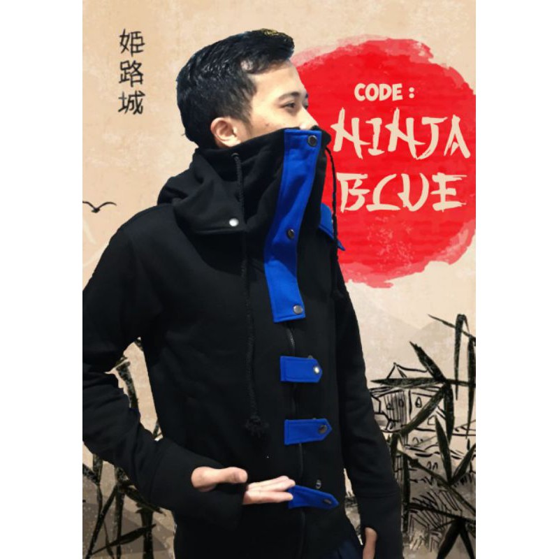 JAKET PRIA NINJA BIRU - Style Jepang Knite Fleece Tebal Hoodie Neck Tinggi Casual Cowok Keren