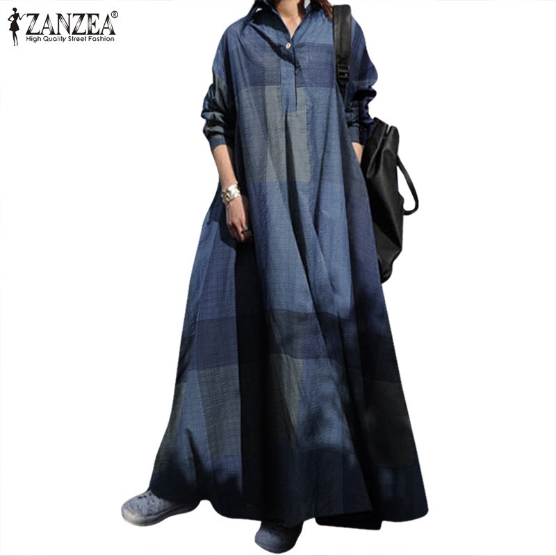 ZANZEA Women Casual Long Sleeve Plaid Turn-Down-Collar Long Dress