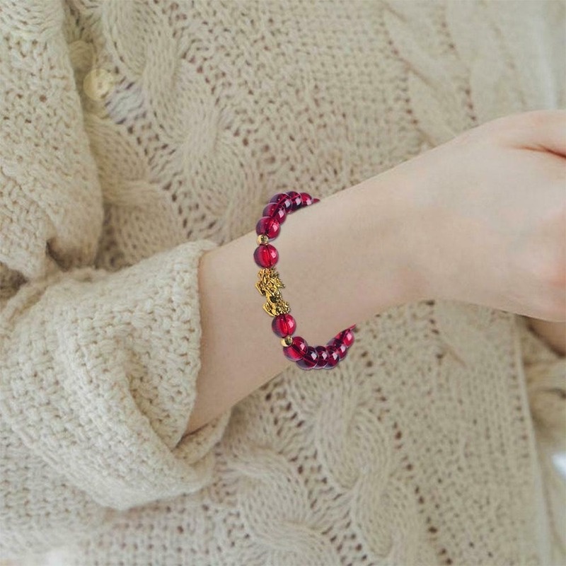 Red Lucky Bracelet Glazed Stone Beaded PIXIU Gold Charm Bracelet for Women Men Wealth Jewelry