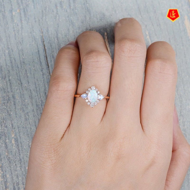 [Ready Stock]New Inlaid Moonstone Opal Ring Classic Elegant