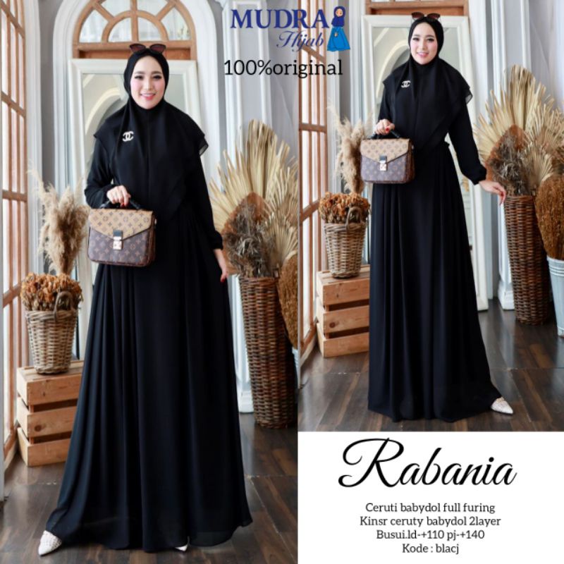 RABANIA SET GAMIS HIJAB SYAR'I BY MUDRA HIJAB LD. 110CM PB. 140CM BAHAN CERUTY BABYDOLL FULL FURING 
