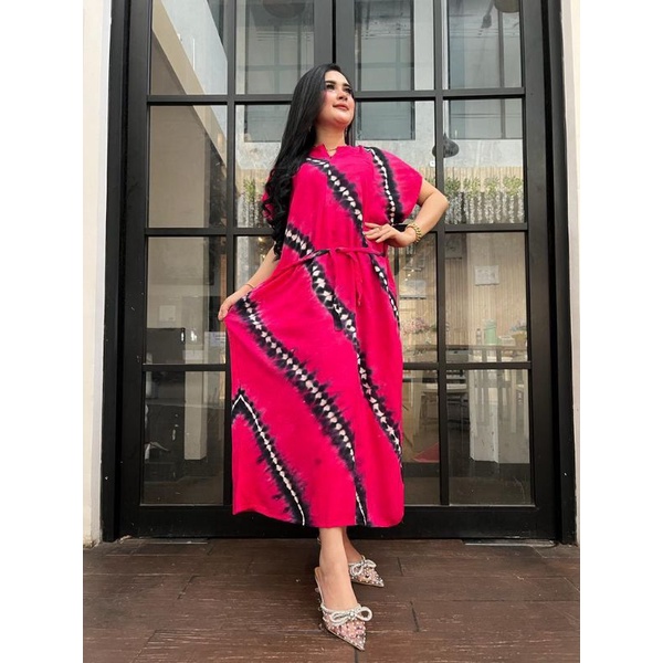 Daster panjang galaran kancing depan busui tali samping motif viral tiedye shibori-SK Strip Pink