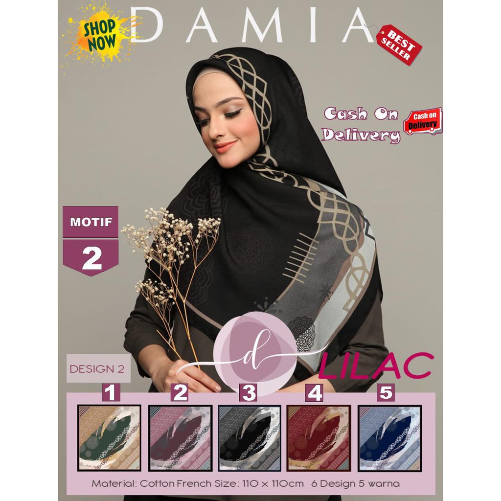 Jilbab Segi Empat Lilac Cotton French Motif 2 By Damia Scarf -Kerudung