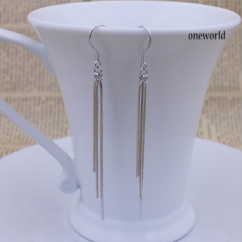 OW@ Women's Slim Tassel Hook Earrings Silver Plated Pendant Eardrop Wedding Jewelry