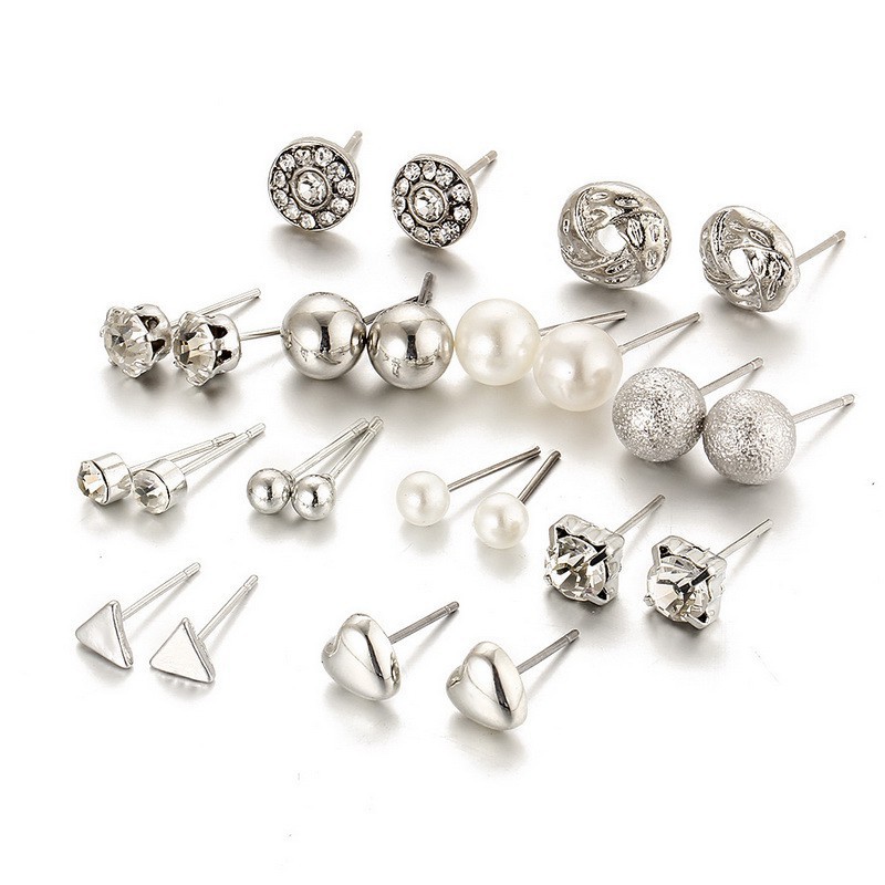 HC Anting 12 Pairs Satu Set Pearl Crystal Stud Triangle Bar Ear Ring Set Jewelry Murah-HC1336 SILVER