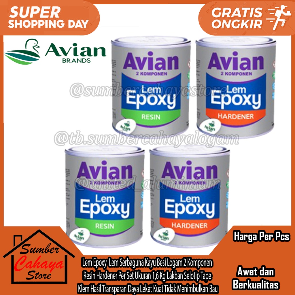 

AVIAN Lem Epoxy Lem Serbaguna Kayu Besi Logam 2 Komponen Resin Hardener Per Set Ukuran 1,6 Kg Kilo KiloGram Liter Lt Ltr L Lter Perekat Lakban Selotip Tape Klem Hasil Transparan Daya Lekat Kuat Tidak Menimbulkan Bau