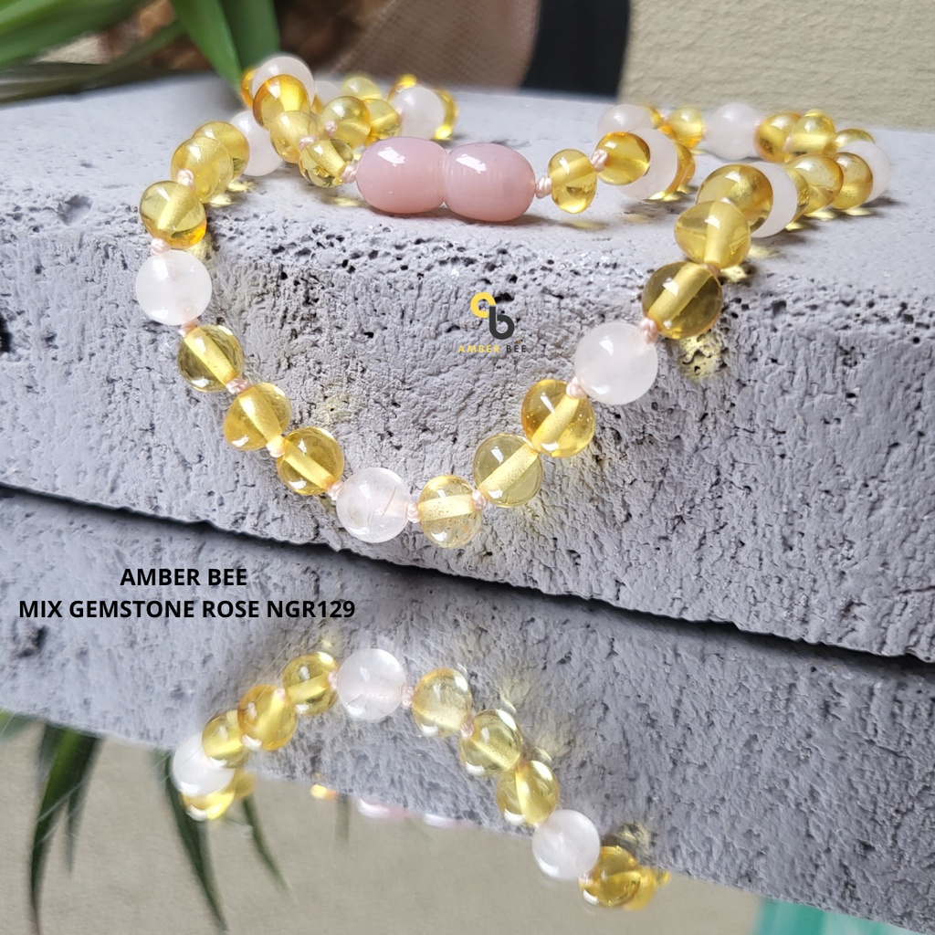 AMBERBEE Set Kalung Gelang Amber ORI Baltic Anak Premium Glossy Lime Gemstone Rose SNBGLR129133